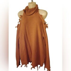 Almost famous cold shoulder turtleneck with fringe trim